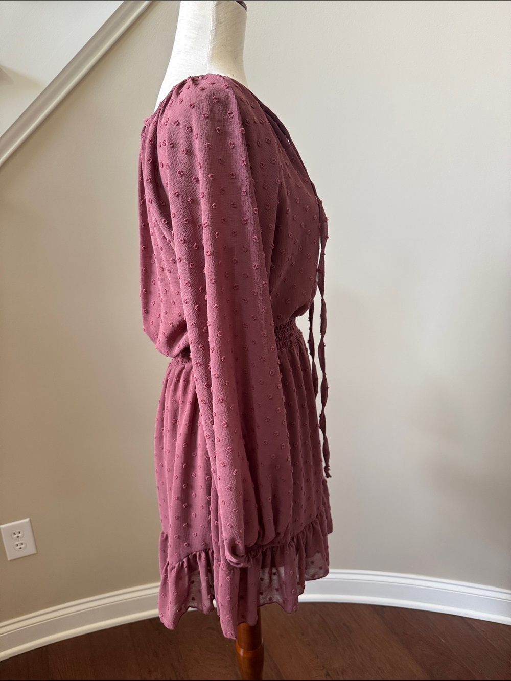 Altar'd State Dusty Rose Swiss Dot Long Sleeve Tie Neck Dress - Picture 4 of 8